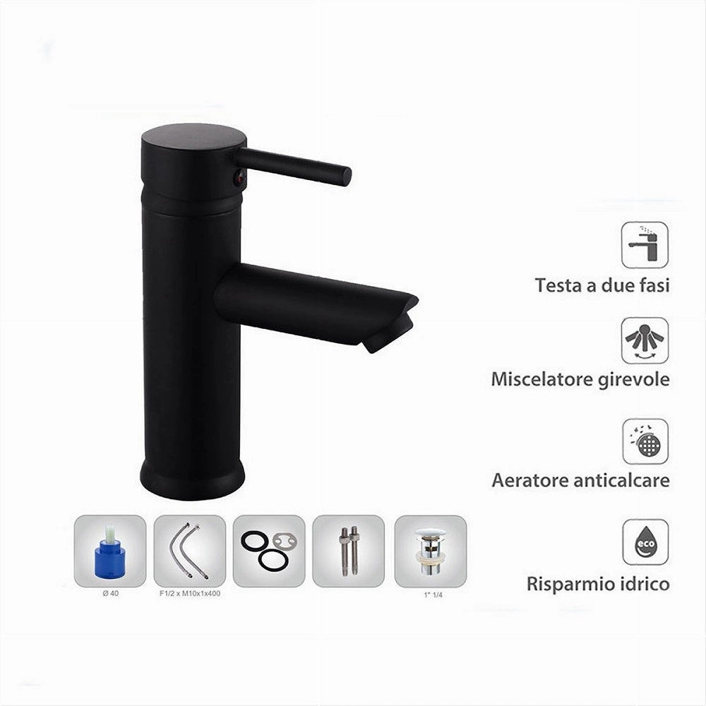Trade Shop - Rubinetto Bagno Moderno Nero Opaco Miscelatore Orientabile Lavabo Canna Bassa 87391 -