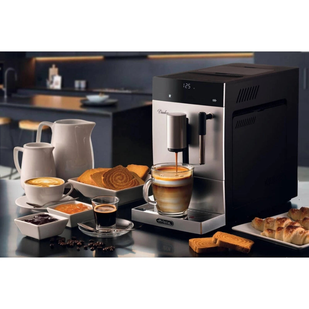 Ariete 1452 Diadema, Macchina da caffè automatica, 1350W, 19 bar di pressione, Per caffè, americano e acqua calda, Dispositivo Cappuccino, Display LED, Erogatore Regolabile, Silver
