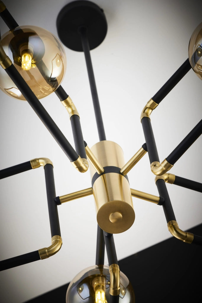 Lampadario moderno nero oro vetro ambra 5xG9 Jupiter