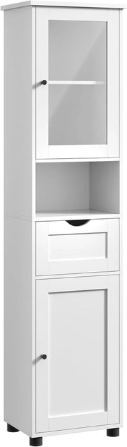 VASAGLE Mobile da Bagno Salvaspazio, Mobile a Colonna, Mobile Alto, Ripiano Aperto, Anta in Vetro, Mobiletto Bagno con Piedini, Ripiani Regolabili in Altezza, Bianco Nuvola BBK163W01