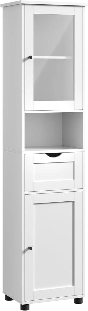 VASAGLE Mobile da Bagno Salvaspazio, Mobile a Colonna, Mobile Alto, Ripiano Aperto, Anta in Vetro, Mobiletto Bagno con Piedini, Ripiani Regolabili in Altezza, Bianco Nuvola BBK163W01