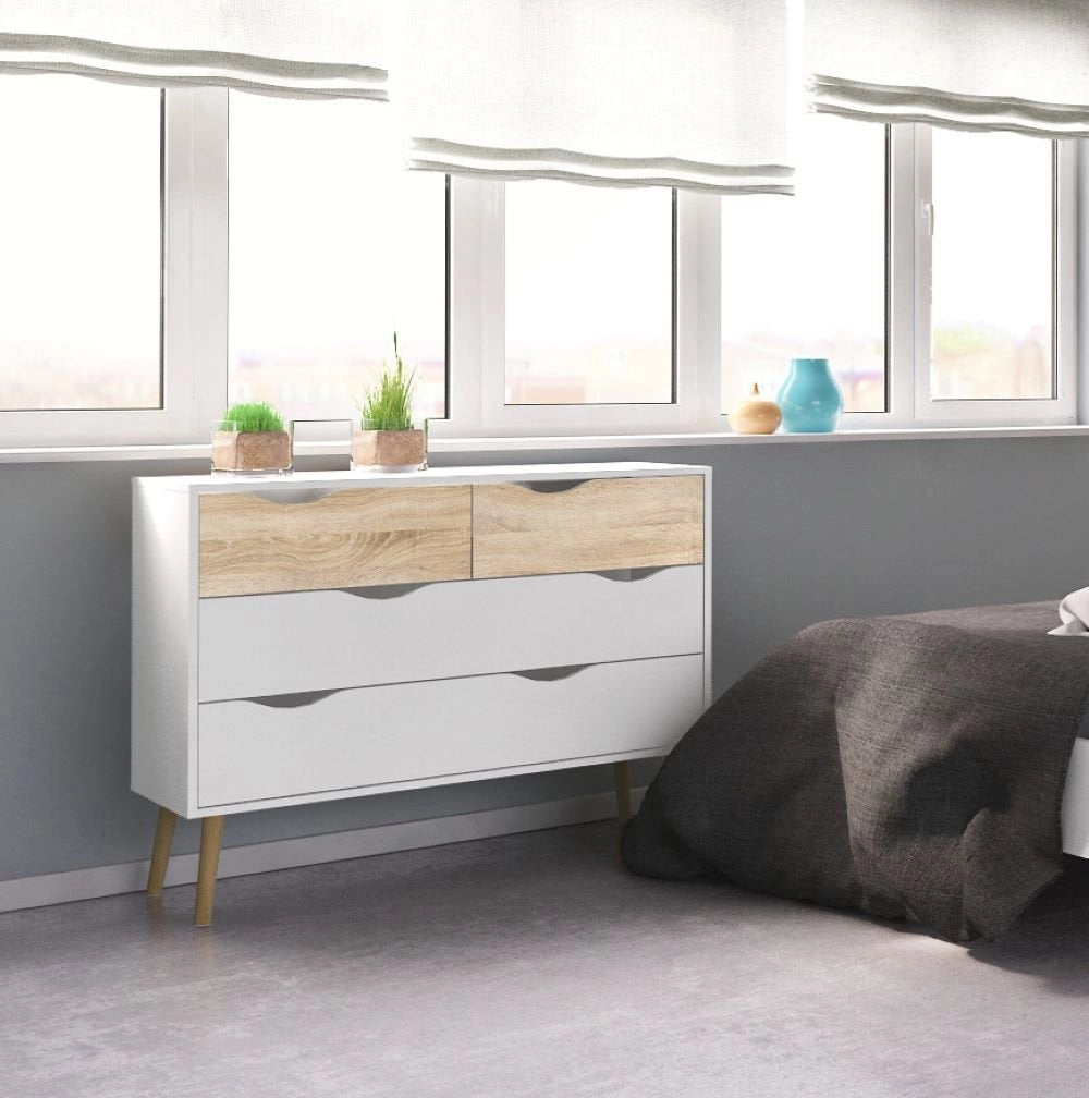 Cassettiera a quattro Azir, colore bianco e rovere, Misure 98 x 81 x 39 cm