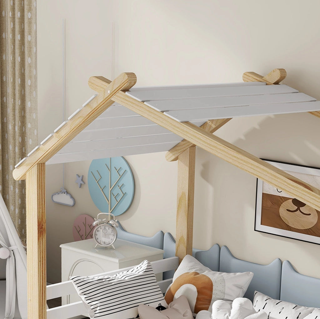 Letto per bambini a casetta 90x200 cm in legno bianco e naturale