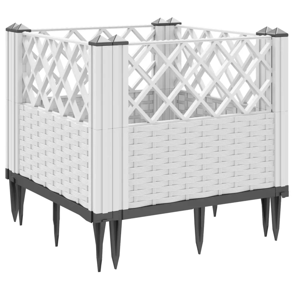 Fioriera | Cassetta per fiori | Vaso da Giardino con Picchetti Bianca 43,5x43,5x43,5 cm PP