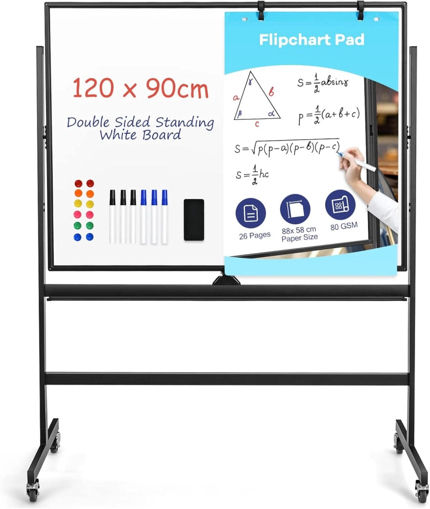 Lavagna Bianca Mobile con Supporto, 120 x 90 cm, Lavagna Magnetica Double Face, Regolabile in Altezza e Girevole a 360° (Bianco)