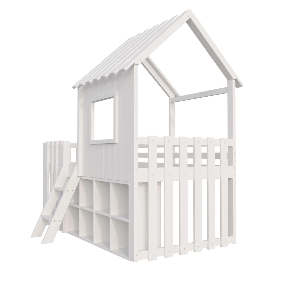 Letto per bambini 90x200 cm con tetto; finestre e vani portaoggetti in legno