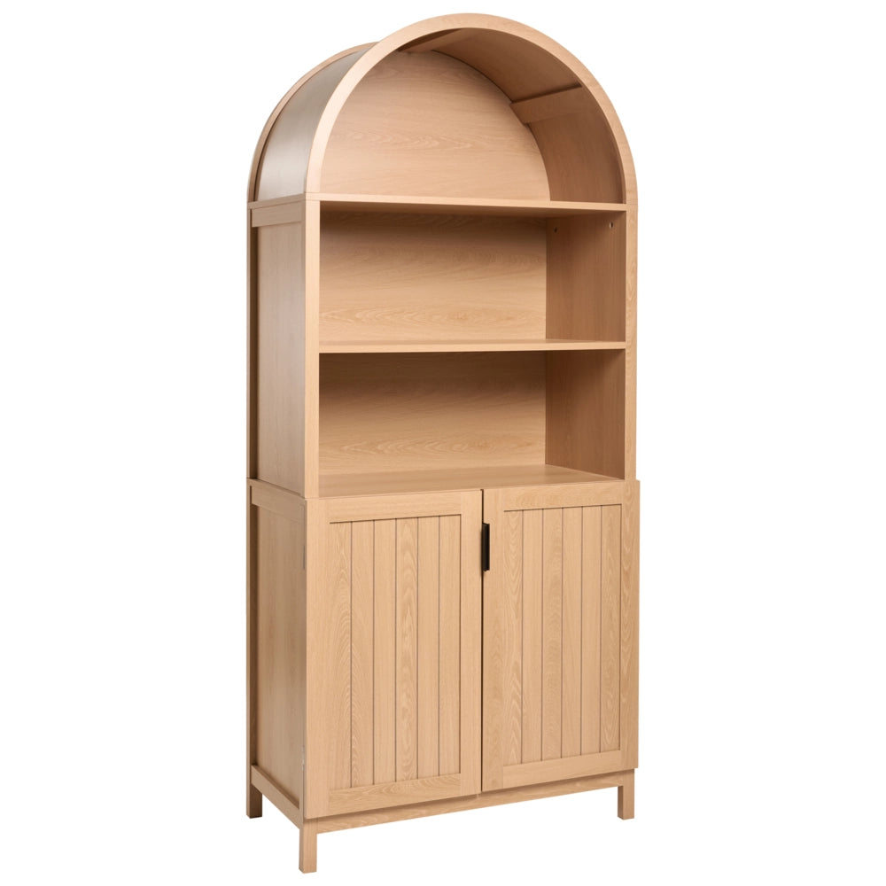 Libreria a 5 ripiani in MDF con gambe in legno, ante chiuse marrone chiaro stile rustico