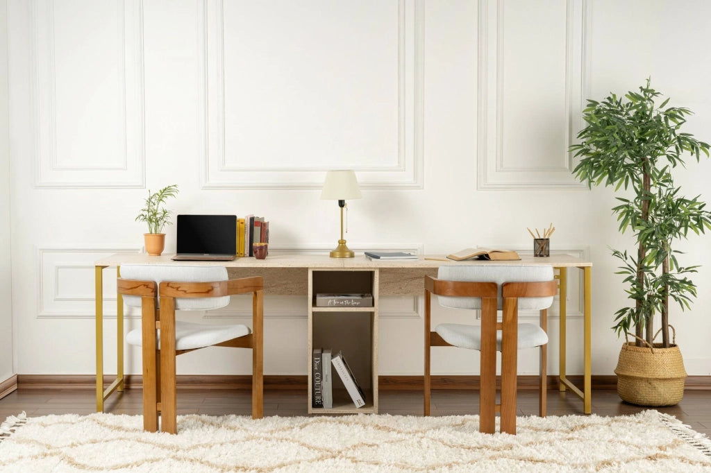 Scrivania Violet, Scrittoio multiuso, Tavolo per ufficio porta PC, Piano di lavoro, 240x60 h74 cm, Beige e Oro