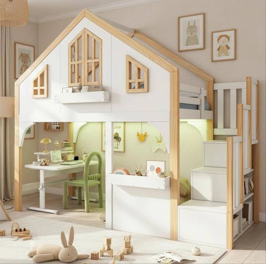 Letto a castello per bambini con scala contenitore; LED e finestra; pino e MDF; bianco; 90x200 cm