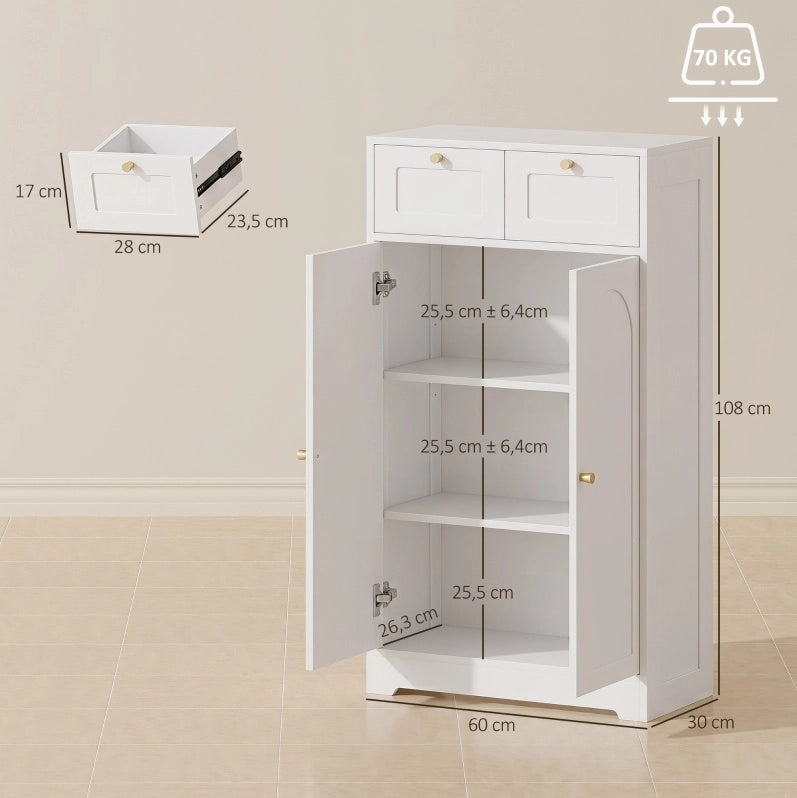 Mobiletto bagno bianco con 2 cassetti e ripiano regolabile 60x30x108 cm