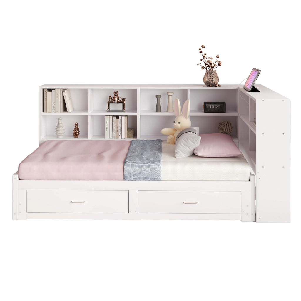 OKWISH Letto a Scomparsa 90×190 cm e 180×190 cm, Letto Singolo con Vani, 2 Cassetti e Presa Multifunzione, senza Materasso, Legno, Bianco