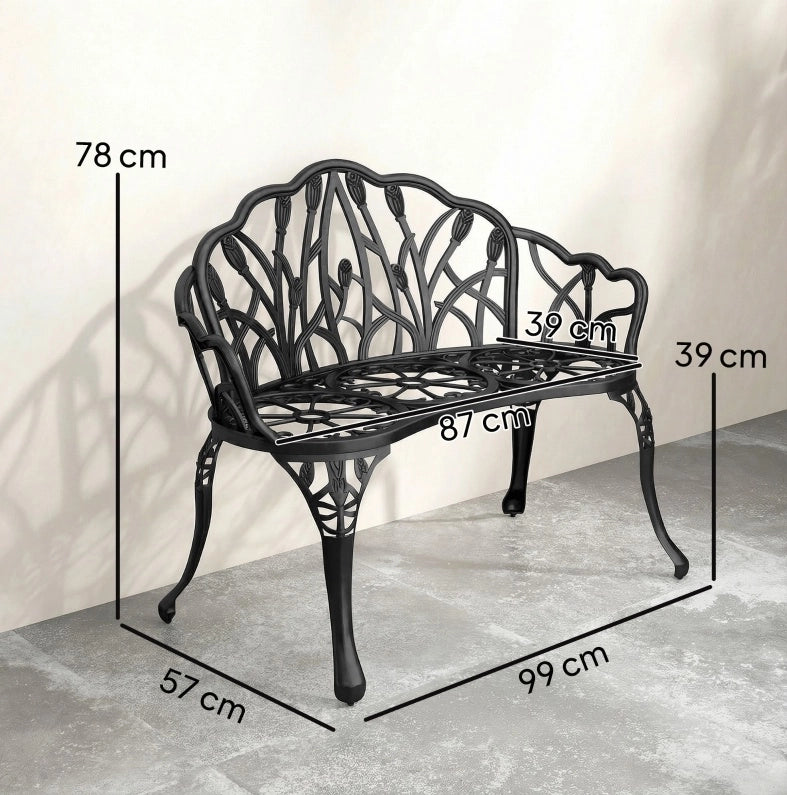 Panchina da giardino a 2 posti in alluminio pressofuso nero; 99 x 57 x 78 cm