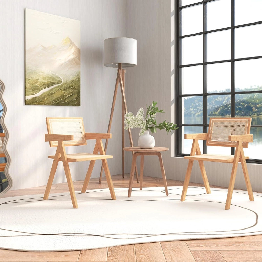 Set Sedie da Pranzo a 2 Pezzi, Schienale e Seduta in Finto Rattan Intrecciato, Sedie da Cucina di Bambù con Braccioli, Sedie in Stile Minimalista per Soggiorno, Balcone e Caffè