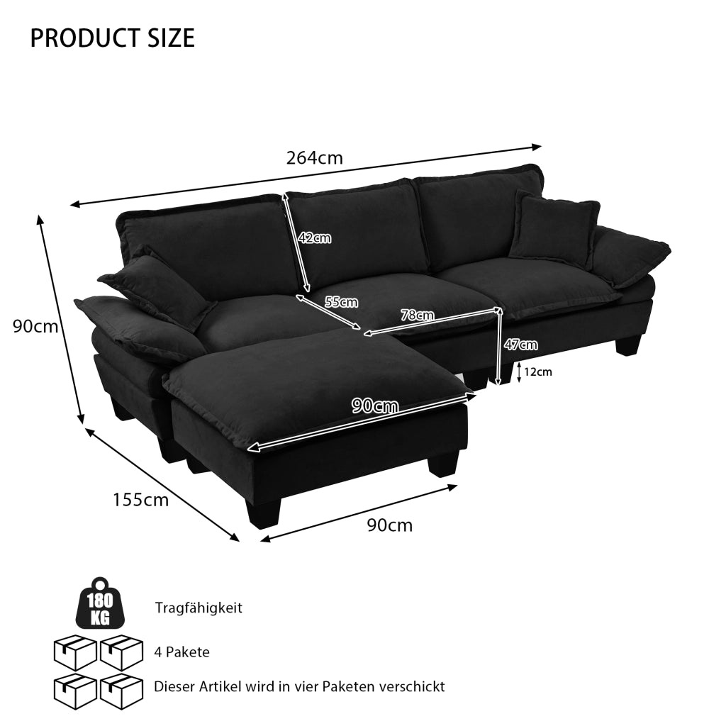 Divano angolare modulare a forma di L con pouf mobile e cuscini, in ciniglia nera per soggiorno e appartamento