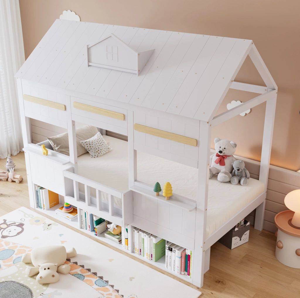 Letto a soppalco per bambini bianco 90x200 cm con libreria integrata