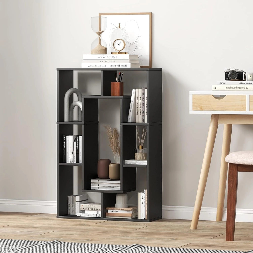 Scaffale per libreria, divisorio in legno, con 7 scomparti, 60 x 20 x 90 cm, per soggiorno, studio e camera da letto (nero)