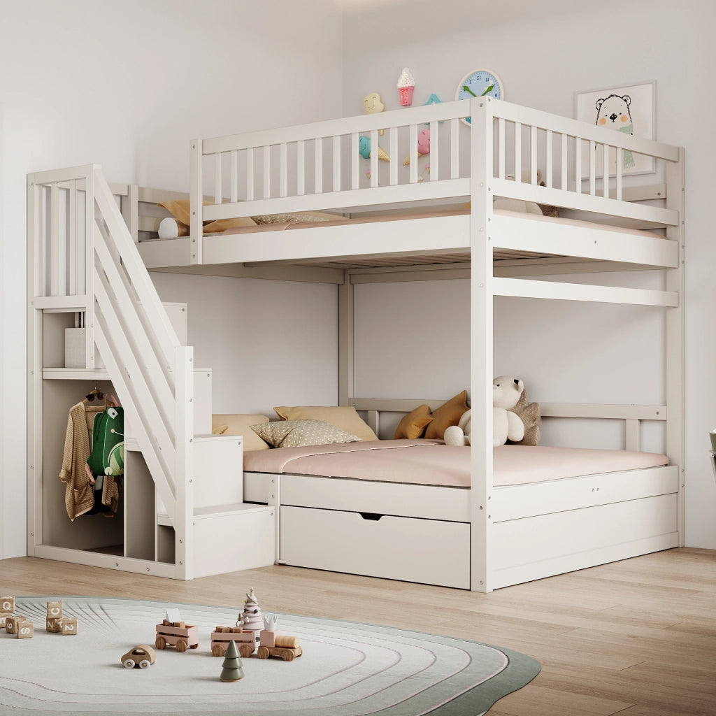 DESMIU Letto a Castello 2 Posti con Scala Contenitore, Cassetto e Sponde Alte, 140 × 200 cm, Senza Materasso