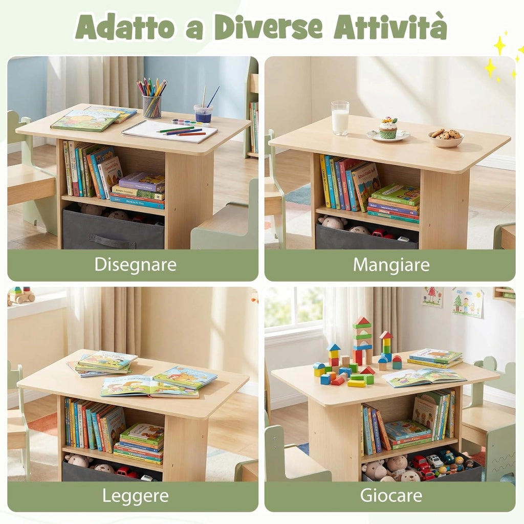 Set di Tavolo e 2 Sedie per Bambini 3+ Anni, Tavolo e 2 Sedie in Legno con Scomparti Doppio Lato e Cassetto Pieghevole in Tessuto, Ideale per Leggere, Giocare per Cameretta Bambini (Verde)