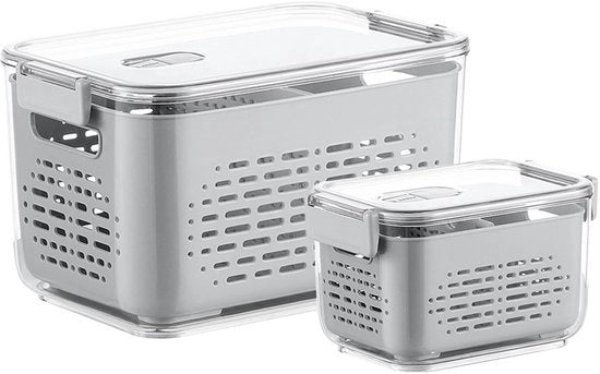 Organizzatore per frigorifero in plastica Set di contenitori per alimenti Frutta Verdura con coperchi Set di setole e sifone Sottovuoto riutilizzabile per il contenimento di insalate Frutta Conservazione Set di 2 (1,8L + 9L)