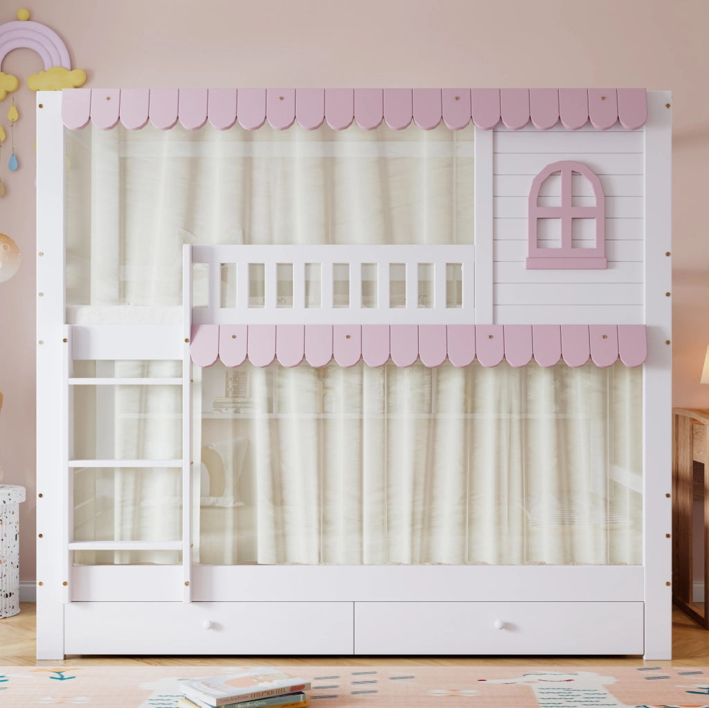 Letto a castello 90x200 cm con cassetti; ripiani e scala in legno bianco e rosa
