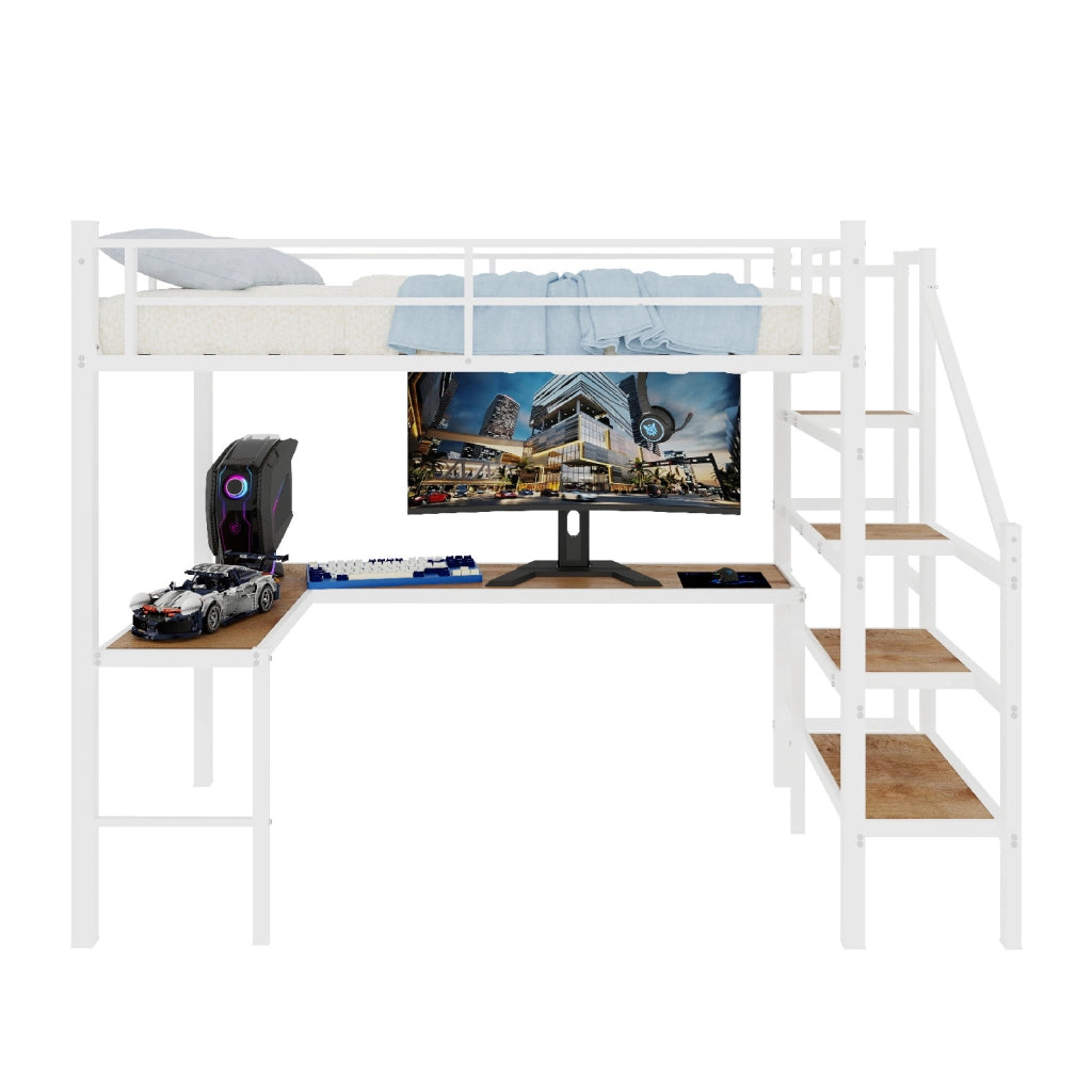Letto a soppalco con scrivania a L da 90x190 cm e ampio spazio di stoccaggio