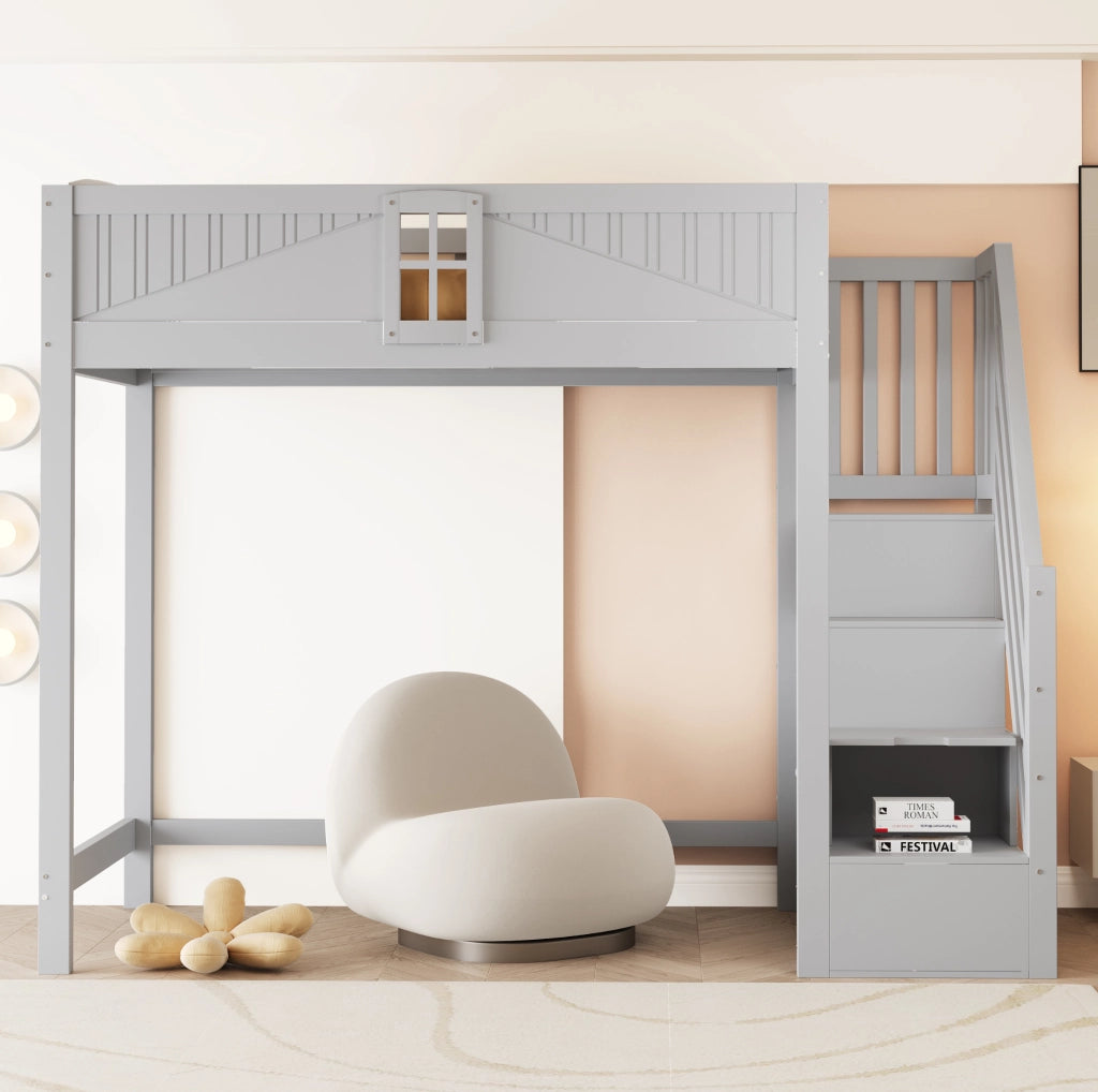 Letto a soppalco 90x200 cm in legno massello con scala reversibile e vano contenitore; grigio