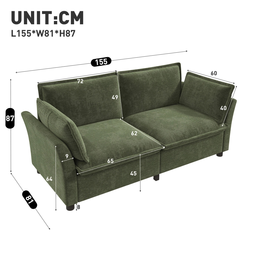Divano 2 posti modulare 155 x 81 x 87 cm in chenille verde con 2 cuscini