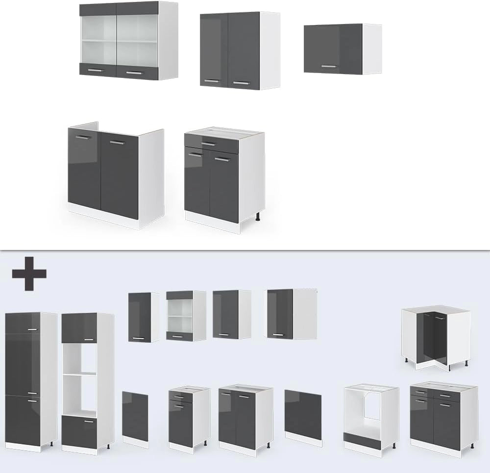 Unità di cucina R-Line, Antracite lucido/bianco, 200 cm senza piano di lavoro, adatto per l'espansione individuale con moduli aggiuntivi