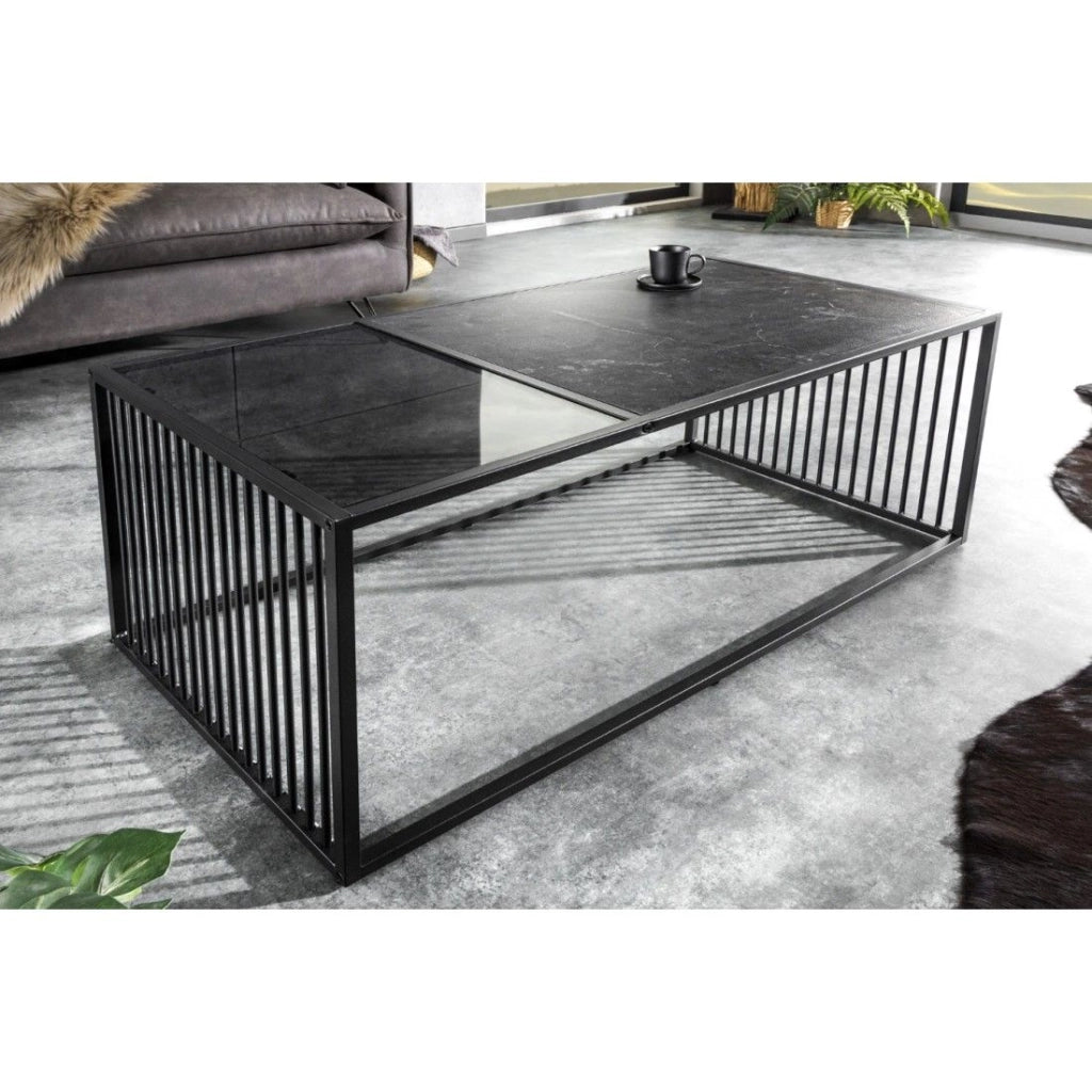 Tavolino basso ABITTA rettangolare 100 cm nero e vetro fumé – Moderno con piano misto MDF effetto marmo e vetro temperato