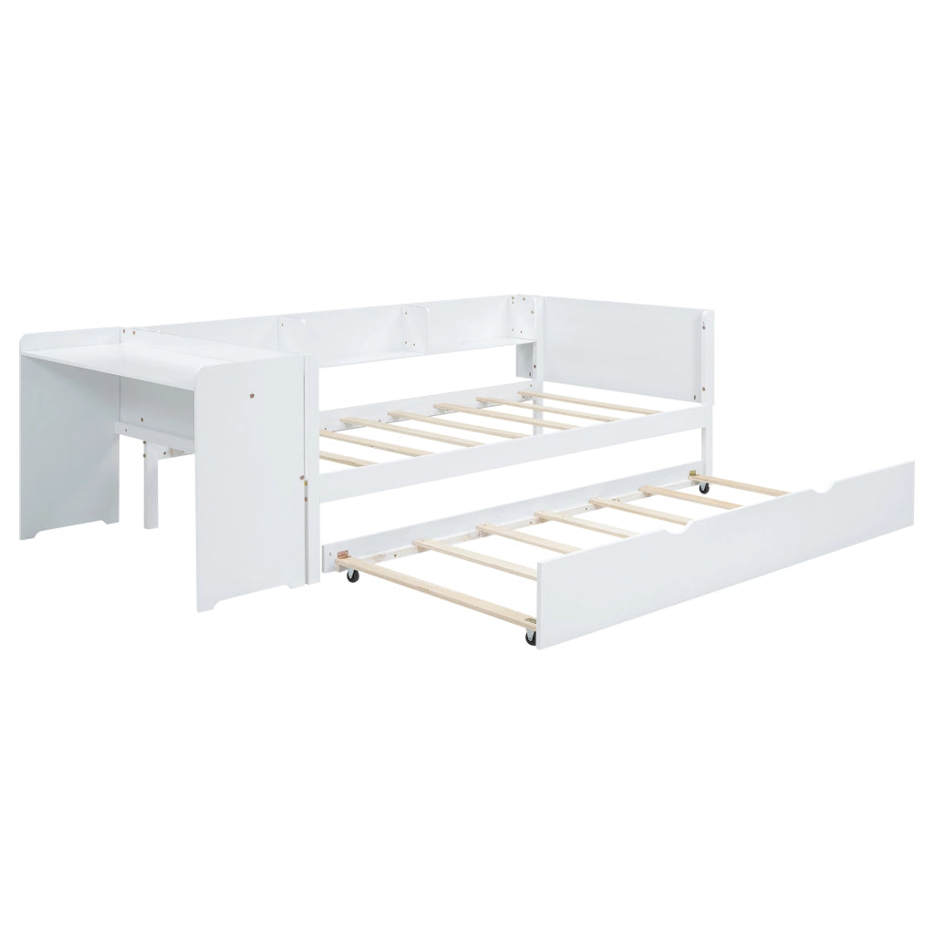 OKWISH Letto Gigogne 2 Posti con Scrivania, 3 Ripiani e Letto Estraibile 90×200 cm, senza Materasso, in Pino e MDF, Bianco