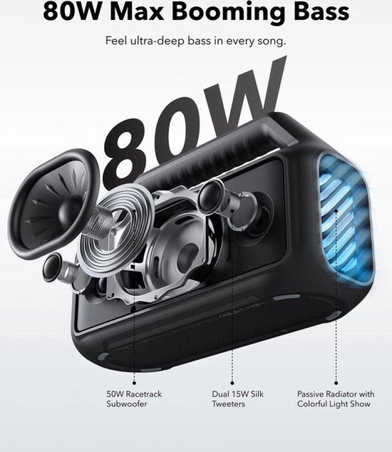 Altoparlante Bluetooth con driver audio in titanio, tecnologia BassUp, protezione IPX7, batteria 24 ore, ideale per esterno, giardino, spiaggia