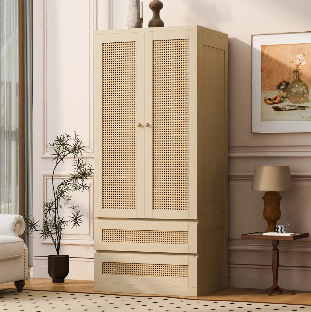 Armadio a doppia anta 70x55x170 cm in legno colore legno; con 2 cassetti ed effetto rattan