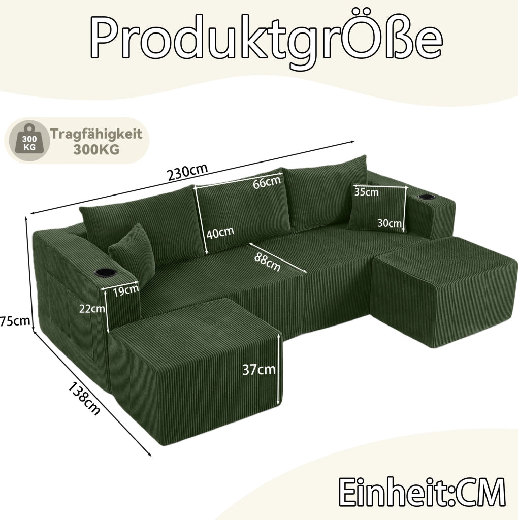 Divano angolare modulare verde 3 posti in schiuma con pouf mobili