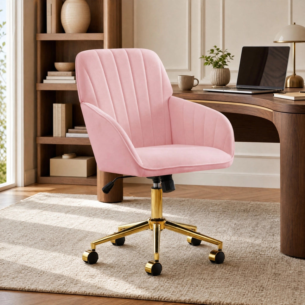 Sedia da ufficio girevole con altezza regolabile, schienale ergonomico e ruote a 360° per casa e studio, in velluto rosa