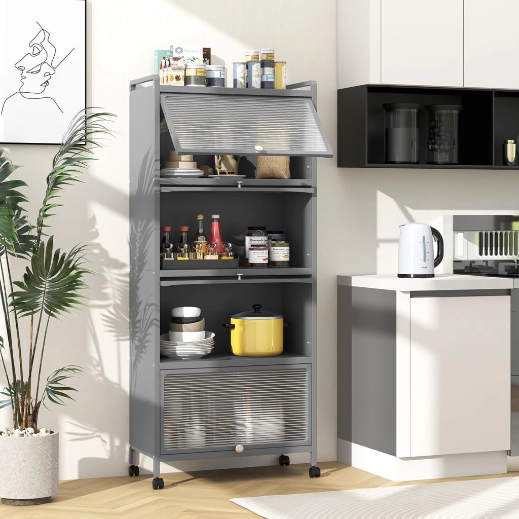 Mobile Dispensa Cucina a 5 Livelli, Mensola Microonde con Anta a Vista, Ruote, Dispositivo Antiribaltamento, Scaffale da Cucina in Ferro per Soggiorno, Sala da Pranzo, 60x32x154cm (Grigio)
