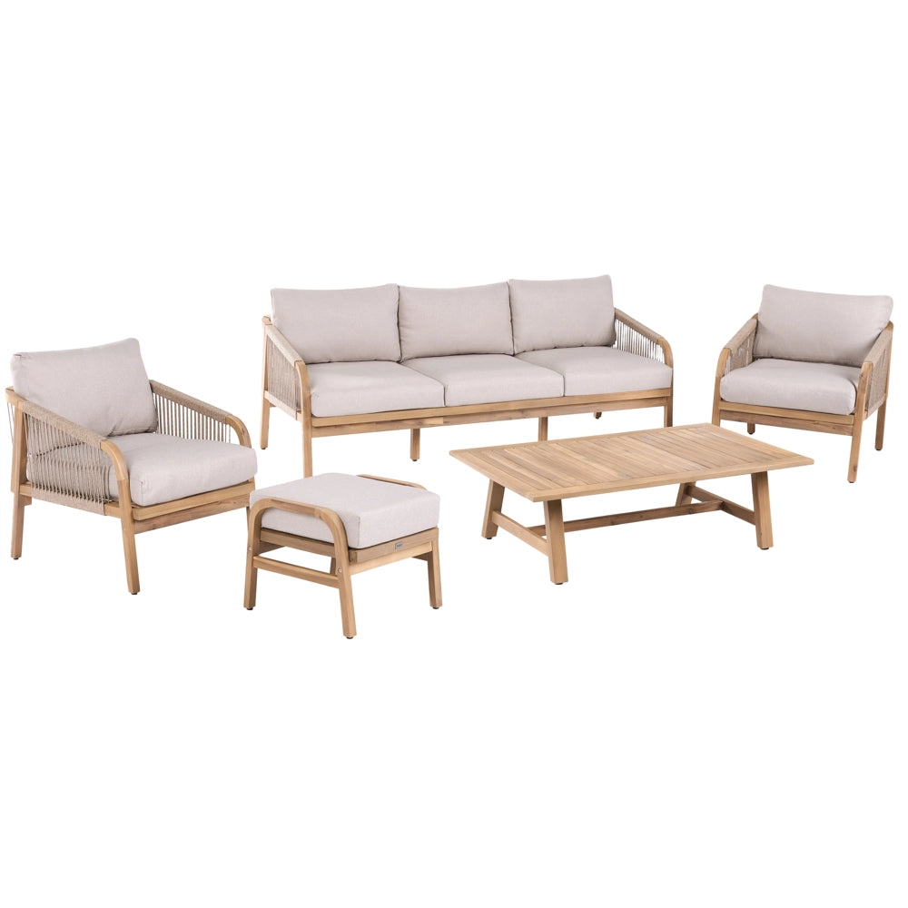 Set divano da giardino in legno di acacia chiaro con cuscini beige chiaro, 5 posti, design moderno, set da salotto da esterno