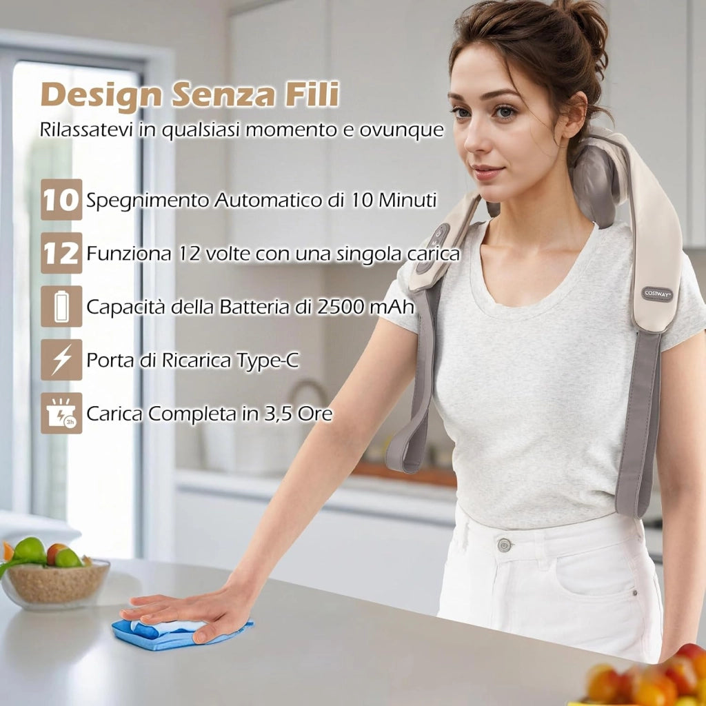 Massaggiatore Cervicale per Collo e Spalle Senza Fili con Riscaldamento, Impasto Profondo 4D dei Tessuti, 2 Modalità, 2 Livelli di Intensità e Batteria Integrata 2500 mAh (Beige)
