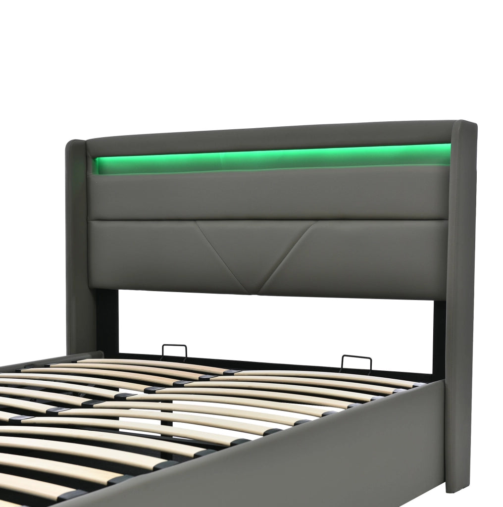 Letto matrimoniale imbottito 160x200 cm con contenitore; LED e rete sollevabile; grigio
