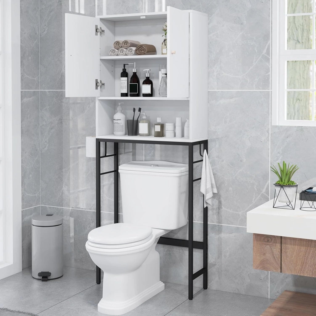 Scaffale Bagno 165,5 cm Sopra WC, Mobile Bagno Salvaspazio con 2 Porte, Ripiano Regolabile, Bara Inferiore Regolabile, 2 Ganci Laterali, Organizzatore sopra Gabinetto per Lavanderia (Bianco)