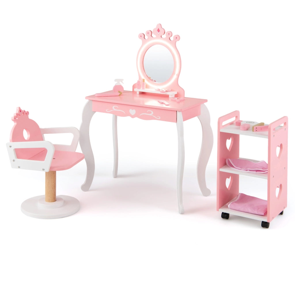 Set tavolo parrucchiere e sedia girevole per bambini 3+ anni, Toeletta trucco con specchio rimovibile con luci Rosa