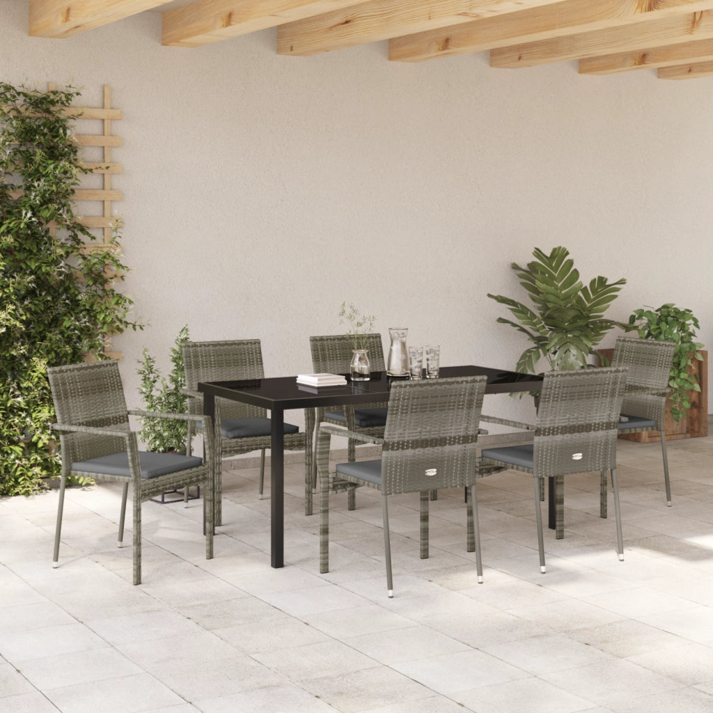 Set da pranzo da giardino da 7 pezzi con cuscini grigio in polyrattan
