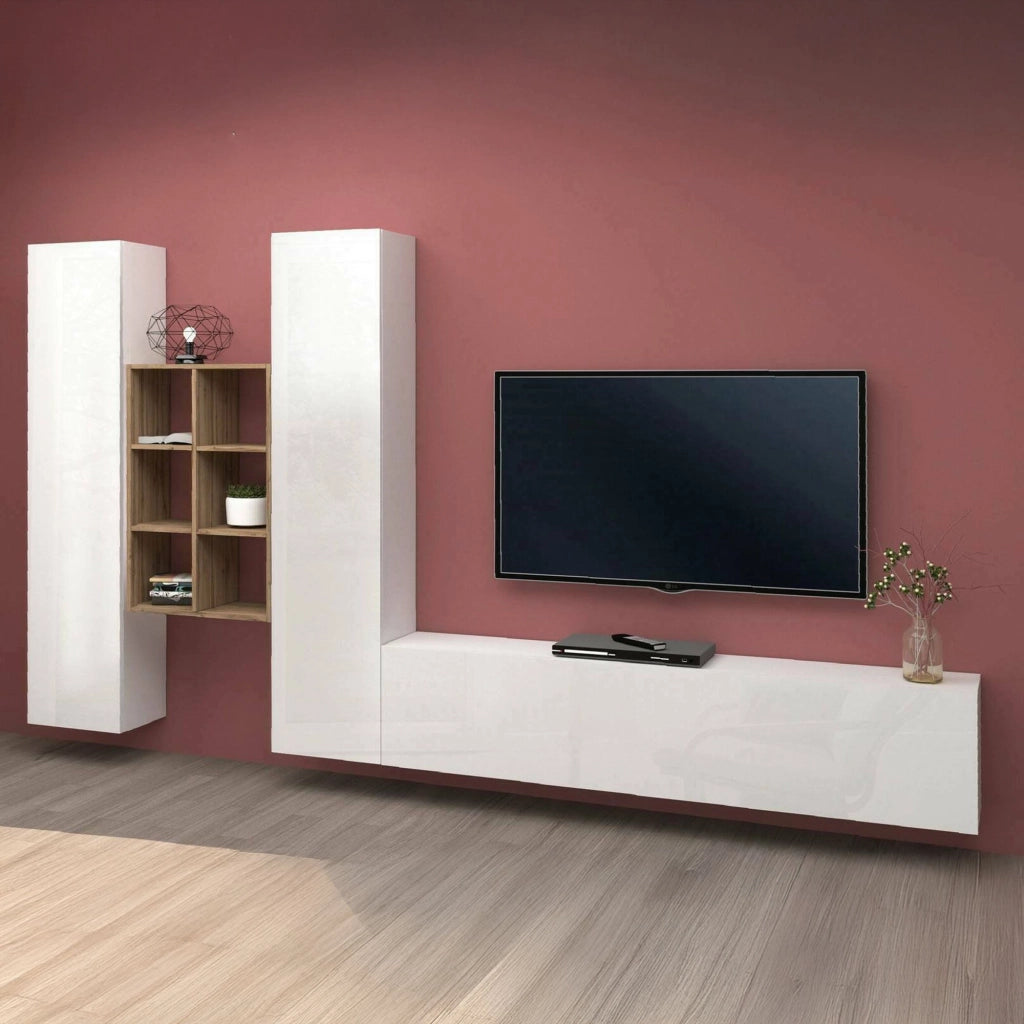 Mobile Soggiorno Acuto, Parete Attrezzata 15 Ripiani Made in Italy, 320x30x180h cm Bianco Lucido