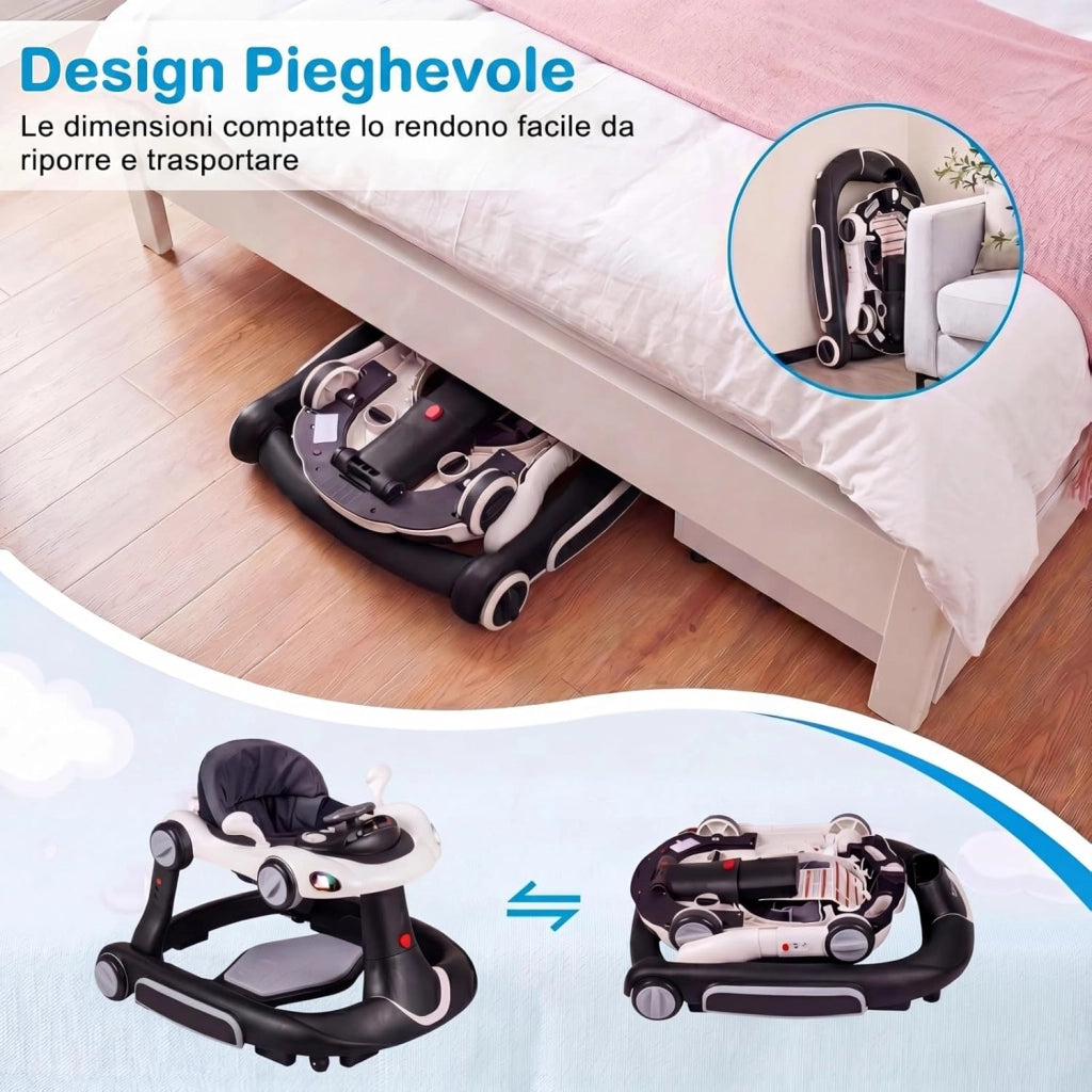 Girello per Bambini 6-in-1 Evolutivo, Centro Attività Pieghevole con Maniglia, Regolazione Altezza/Velocità, con Musica, Luci Tenda, per Neonati 6-18 Mesi (Nero+Bianco)