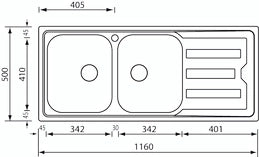Lavello CRISTAL  116X50 2 vasche destra+ gocciolatoio ACCIAIO INOX 010017.D1.01.2018
