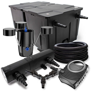 Set Filtro 60.000l Chiarificatore laghetto 36W Pompa NEO10000 80W Tubo 25m Skimmer