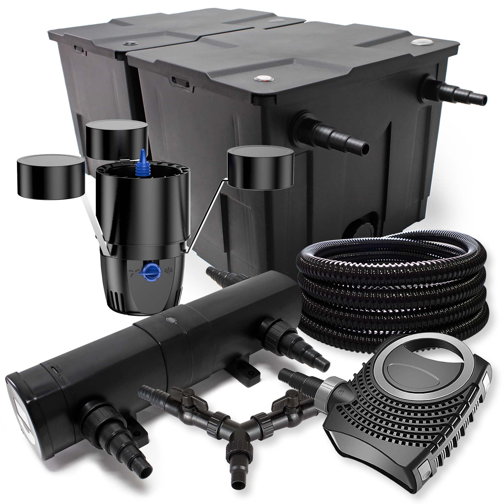 Set Filtro 60.000l Chiarificatore laghetto 36W Pompa NEO10000 80W Tubo 25m Skimmer