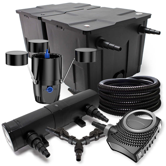 Set Filtro 60.000l Chiarificatore laghetto 36W Pompa NEO10000 80W Tubo 25m Skimmer