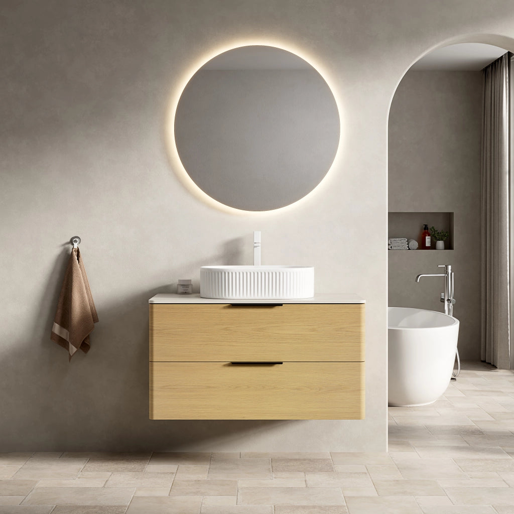 Mobile bagno con lavabo ovale in ceramica e 2 cassetti; top effetto travertino; per bagno; beige rovere bianco