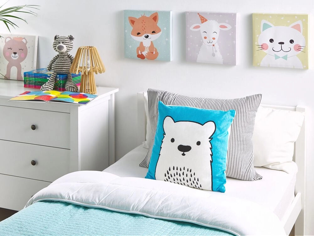 Set di 2 cuscini per bambini Set di 2 cuscini immagine orso in tessuto blu con imbottitura morbida giocattolo per bambini