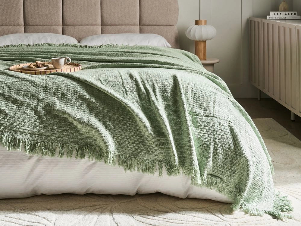 Copriletto verde in tessuto di cotone 200 x 220 cm con frange Coperta decorativa Biancheria da letto design classico Camera da letto